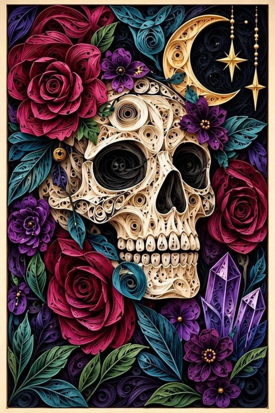 4x6 Framed Skull Roses and Crystal Art